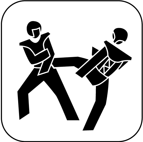 Minimalistische schwarze Silhouetten zweier Personen mit Schutzkleidung in einer Taekwondo-Kampfszene auf weißem Hintergrund.