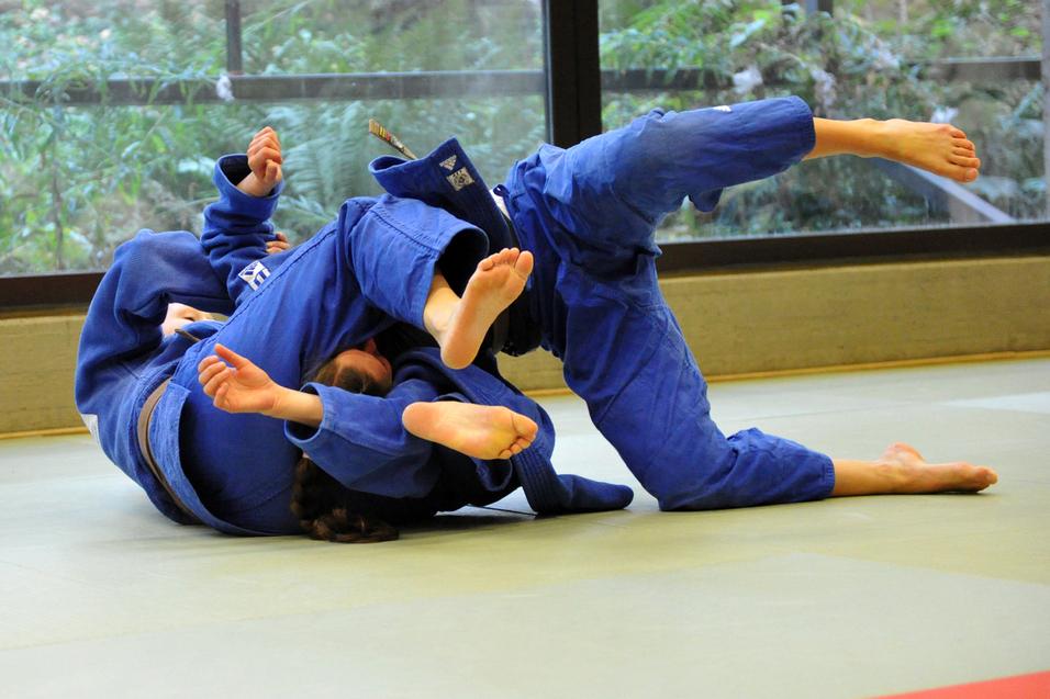 Zwei Judoka in blauer Judokleidung üben einen Bodenkampf auf einer tatami in einem lichtdurchfluteten Raum.