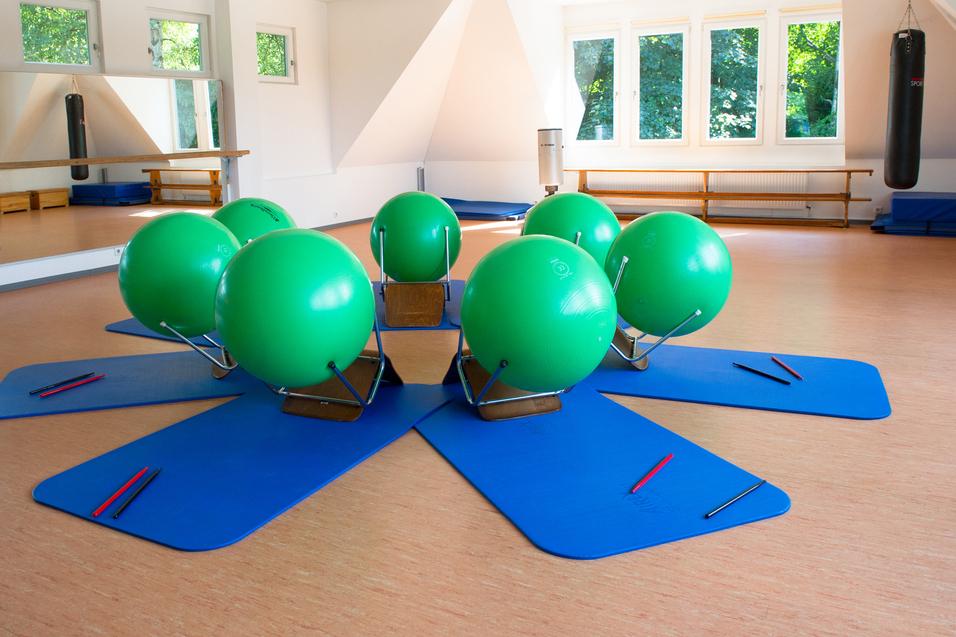 Fitnessraum mit grünen Gymnastikbällen auf blauen Matten, umgeben von Spiegeln und Fenstern.